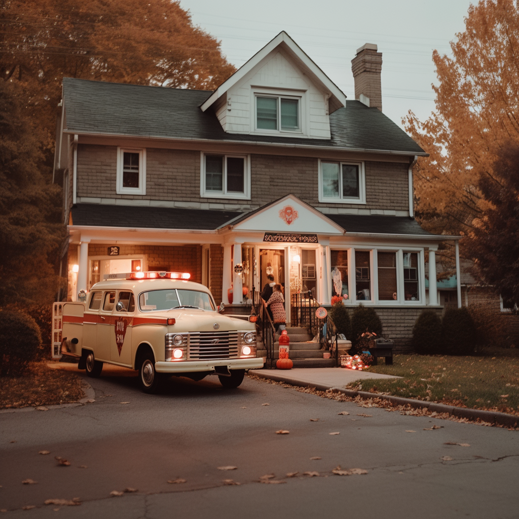 wide photo of a family hause decorated for halloween whith an ambulance in front of the main door
