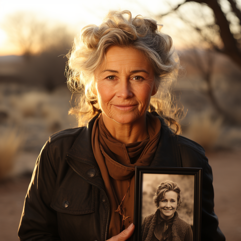 elderly woman holding a framed photograph of her younger self, cinematic sentimental look, golden hour